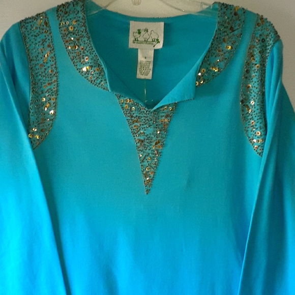 Quaker Factory Top Tunic Gold Sequin Embellished  Turquoise Blue Size Small - Picture 1 of 6